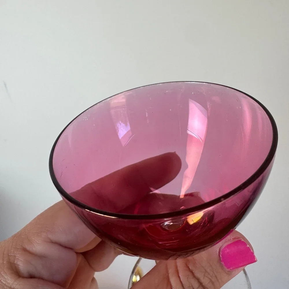 Vintage MCM Cranberry Glass Decanter and 2 Cordial Glasses Gold Trim‎ Set